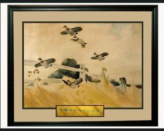 Signed Watercolor of Pheasants in Flight as the Hunting Dog Looks On 