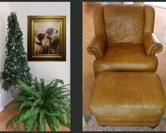 Very Nice Leather Chair and Matching Ottoman and Pretty Faux Plants & Framed Dog Print