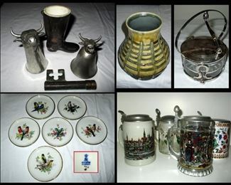 Stirrup Cups, Signed Pottery, Jelly Server, Small Kaiser Plates and Steins