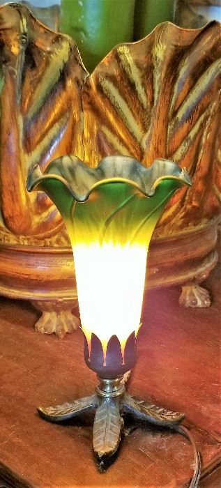 Green table lamp.