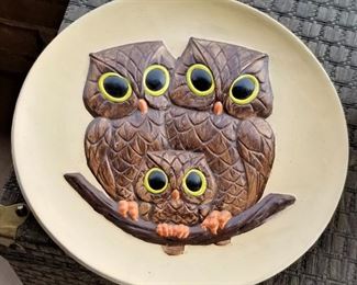 3 owls on a dish.