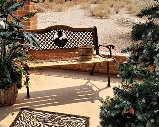 Outdoor metal and wood bench.