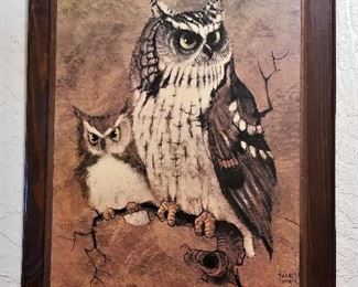 2 owls on a branch art.