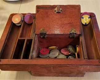 Vintage casino poker chip holder. Box comes out and holds poker chips. More poker chips in box
