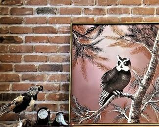 Beautiful canvas owl art and taxidermy pheasant