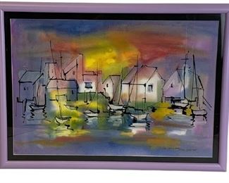 HELEN TROTT ORIGINAL GOUACHE AND INK DRAWING / PAINTING
OF A SMALL TOWN BY THE SEA PORT CITY SAILING COMMUNITY | DECORATIVE WALL ART 70'S STYLE PAINTINGS VINTAGE
-18" X 25" APPROX TO FRAME
-VERY GOOD CONDITION, MARKS TO FRAME
-DP5421