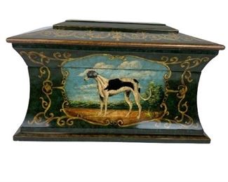 VTG MAITLAND SMITH STYLE HANDPAINTED HUNTER GREEN AND GOLD CAMPAIGN BOX JEWELRY BOX WITH GREYHOUND DOG AND FLORAL MOTIFF | COLLECTIBLE TRADITIONAL MODERN KEEPSAKE STORAGE BOXES
-10" X 19" X 12" APPROX
-VERY GOOD CONDITION, MINOR WEAR
-DP5521