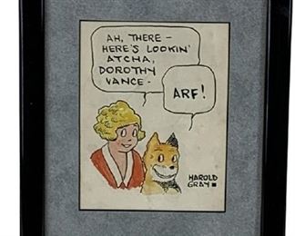 ORIGINAL HAROLD GRAY LITTLE ORPHAN ANNIE AND HER DOG SANDY VINTAGE ORIGINAL ART COMIC COMP DRAWING ILLUSTRATION | COLLECTIBLE COMICS COMIC BOOKS MID CENTURY NEWSPAPER ADVERTISING TOYS AND GAME COLLECTOR ANNIE DADDY WARBUCKS 1920'S 1930'S 1940'S 1950'S DOROTHY VANCE ( ORIGINAL CHRISTMAS CARD INCLUDED POST MARKED ADRESSED TO DOROTHY VANCE 1942)
-PURCHASED AT BACK PORCH ILLUSTRATORS AUCTION
-9" X 7" APPROX TO FRAME
-SIGNED HAROLD GRAY BOTTOM RIGHT IN INK
-VERY GOOD CONDITION, DISCOLORATION CONSISTENT WITH AGE
-DP5321