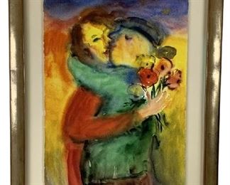 JANE EVANS (1946-2012) ORIGINAL WATERCOLOR FIGURAL PAINTING ON ARCHIVAL PAPER DEPICTING A LOVERS EMBRACE HOLDING A BOUQUET OF COLORFUL FLOWERS RED ORANGE YELLOW BLUE GREEN INDIGO VIOLET
-SIGNED AND DATED 1993
-VERY GOOD CONDITION
-DP5321