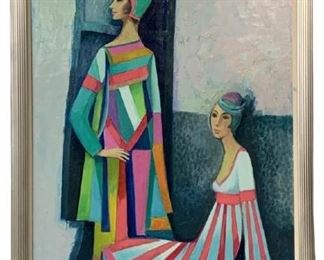 VINTAGE MID CENTURY MODERN STYLE DAVID ADICKES OIL PAINTING DEPICTING TWO HARLEQUIN WOMEN FRAMED WALL ART | MID MOD RETRO 50'S 1950'S WALL ART PAINTINGS ZANNI PANTALONE PERFORMERS
-44" X 34" APPROX TO FRAME
-VERY GOOD CONDITION, MARKS TO FRAME
-DP5321