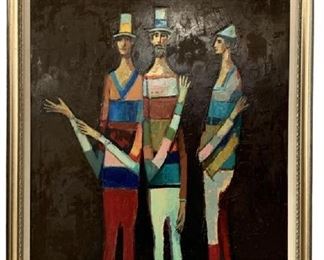 VINTAGE MID CENTURY MODERN STYLE DAVID ADICKES MID CENTURY MODERN STYLE OIL PAINTING DEPICTING THREE HARLEQUIN MEN FRAMED WALL ART | MID MOD RETRO 50'S 1950'S WALL ART PAINTINGS ZANNI PANTALONE PERFORMERS
-44" X 34" APPROX TO FRAME
-VERY GOOD CONDITION, MARKS TO FRAME
-DP5321