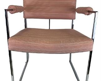 VINTAGE MILO BAUGHMAN (1923- 2003) FOR THAYER COGGIN " DESIGN CLASSIC" CHROME THIN EDGE UPHOLSTERED OCCASIONAL DINING ARMCHAIR | MID CENTURY MODERN DESIGNER COASTAL MODERN HOME DECOR DINING ROOM TABLES AND CHAIRS FURNITURE LIVING ROOM DINING ROOM DECOR 3 OF 4
- 29" X 21" X 21" APPROX
-GOOD VINTAGE CONDITION, WEAR TO UPHOLSTERY
-DP5521