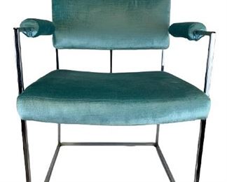 VINTAGE MILO BAUGHMAN (1923- 2003) FOR THAYER COGGIN " DESIGN CLASSIC" CHROME THIN EDGE UPHOLSTERED OCCASIONAL DINING ARMCHAIR | MID CENTURY MODERN DESIGNER COASTAL MODERN HOME DECOR DINING ROOM TABLES AND CHAIRS FURNITURE LIVING ROOM DINING ROOM DECOR 4 OF 4
- 29" X 21" X 21" APPROX
-GOOD VINTAGE CONDITION, WEAR TO UPHOLSTERY
-DP5521