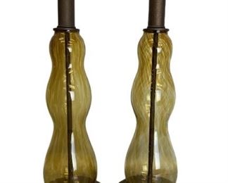 PAIR OF VINTAGE AMBER MODERN MURANO STYLE ART GLASS LAMPS | COLLECTIBLE BLENKO STYLE DECORATIVE ART GLASS LAMPS TABLE LAMPS LIGHTING OPTIONS TRADITIONAL MODERN HOME DECOR FURNISHINGS MID CENTURY MODERN FLORIDA REGENCY
-20" X 6" DIAMETER EACH APPROX
-VERY GOOD CONDITION CONSISTENT WITH AGE AND USE, MARKS TO BASE
-DP5121