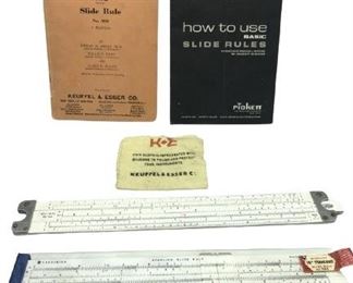 BOOK AND SLIDE RULE LOT
ACUMATH ACUMATH NO. 500 MATH, STERLING 10' SLIDE RULE NO. 584, KEUFFEL & ESSER C CLOTH, PICKETT BOOK "HOW TO USE BASIC SLIDE RULES", "THE LOG LOG DUPLEX TRIG SLIDE RULE" BOOK KEUFFEL & ESSER CO.
| VINTAGE COLLECTIBLE SLIDE RULE RULER ARCHITECT ALGEBRA TRIGONMETRY ENGINEER TOOL DRAFTING
-CONDITION ALIGNS WITH VINTAGE WEAR
-HS5721