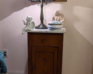 Small Antique marble top cabinet with Reproduction Tiffany style lamp