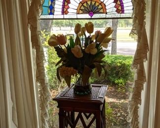 Beautiful stained glass arched window panel & Antique bamboo plant stand
