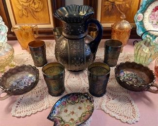 ANTIQUE Blue Fenton carnival glass pitcher and tumblers