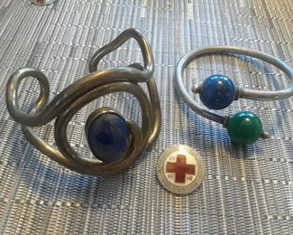 Brutalist Modernist brass bracelet with blue stone, Modernist sterling bracelet singed by Danish designer Jacob Hull, WWII sterling Red Cross pin