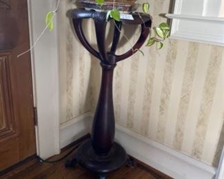 Mahogany plant stand and chinoiserie planter