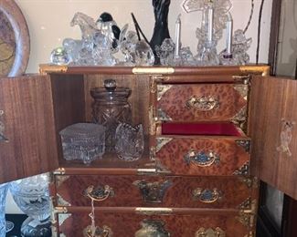 Asian Silverware Chest and lots of crystal figurines