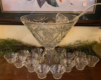 footed punch bowl and cups