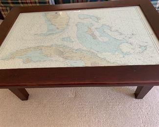 Solid Wood Coffee Table with Glass top and Straits of Florida Map Insert