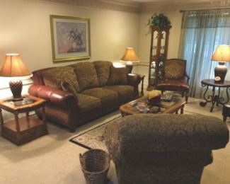 Leather and fabric sofa; comfortable, like-new chairs, accent tables, curio cabinet