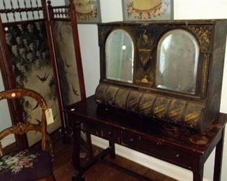 Tin spice dispenser on library table. Victorian screen in background is not for sale.