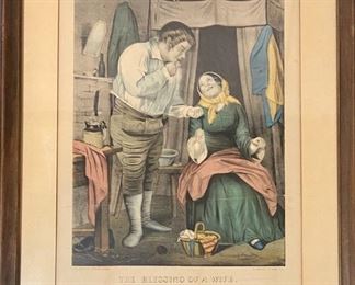 "The Blessing Of A Wife" Published By Currier & Ives Print In Frame - 152 Nassau St. NY 