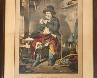 "The Miseries Of A Bachelor" Published By Currier & Ives Print In Frame - 152 Nassau St. NY 