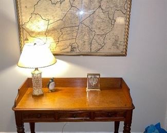 Large Antique, Circa 1853,  Morris County Wall Map, Side Table, Mid Century Howard Miller Table Clock, Crystal Table Lamp and Rare Cast Iron Antique Penguin Coin Bank.