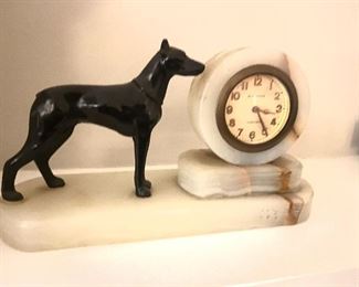 Art Deco Period Bronze Doberman Sculpture Mounted On Marble With Clock