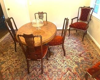 Early Burled Walnut Oval Dining Room Table & 6 Chairs