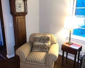 Magnificent English 18th Century Tall Case Grandfather Clock in Superb Condition. 
(Front View) and Plush Oversized Chair