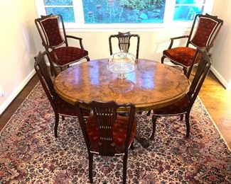 Early Burled Walnut Oval Dining Room Table & 6 Chairs