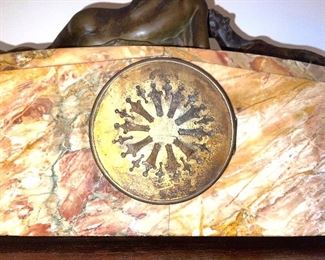 Magnificent Art Nouveau Bronze Statue Of A Reclining Nude Female & Dog Atop A Beautiful Clock Time Piece Surrounded By Alabaster. (Rear View)