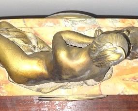 Magnificent Art Nouveau Bronze Statue Of A Reclining Nude Female & Dog Atop A Beautiful Clock Time Piece Surrounded By Alabaster. (Top View)