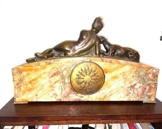 Magnificent Art Nouveau Bronze Statue Of A Reclining Nude Female & Dog Atop A Beautiful Clock Time Piece Surrounded By Alabaster. (Rear View)