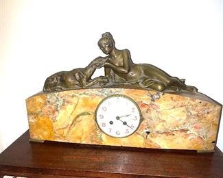 Magnificent Art Nouveau Bronze Statue Of A Reclining Nude Female & Dog Atop A Beautiful Clock Time Piece Surrounded By Alabaster.