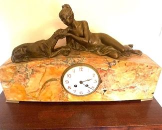 Magnificent Art Nouveau Bronze Statue Of A Reclining Nude Female & Dog Atop A Beautiful Clock Time Piece Surrounded By Alabaster.