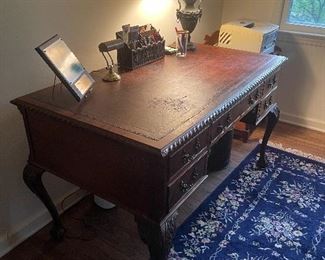 Extraordinary Early Desk made Of Walnut with Cabriolet Legs And Inlaid Leather Top.  