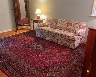 Floral Sleeper / Sofa Couch In Great Shape & Condition Plus Extraordinary Persian Rug & Victorian Freestanding Upright Mirror
