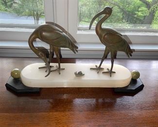 French Art Deco Bronze Sculptures of Flamingoes & Snail Atop Marble Plinths.