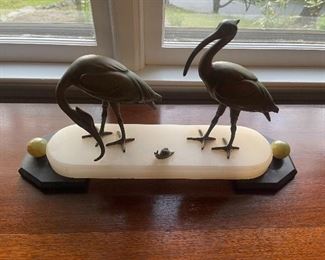 French Art Deco Sculpture of Two Cranes & A Snail Mounted On Marble Plinths 