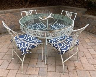 Vintage Wrought Iron & Glass Outdoor Table With Four  Matching Chairs