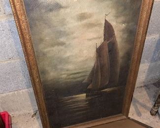 Antique Oil On Canvas Sailboat on the Harbor 