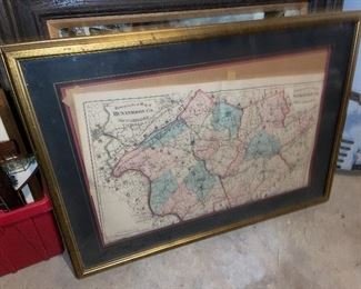 Antique Framed & Hand Colored Hunterdon County Map 