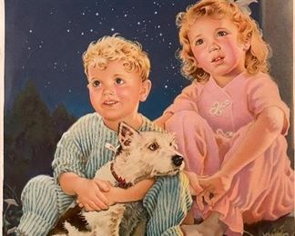 Vintage Illustration Of Young Boy & Girl With Terrier Dog Sitting Under The Stars.
