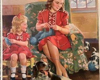 Vintage Illustration Of Mother & Child (Daughter) Knitting With Their Pet Spaniel 